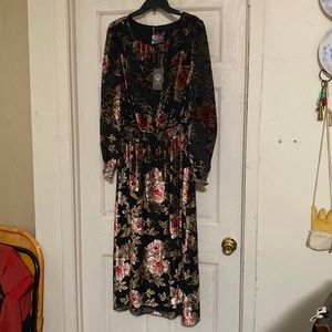Vince Camuto Estate Jewel Smocked Floral Midi Dress, Size L (12-14), Black Multi